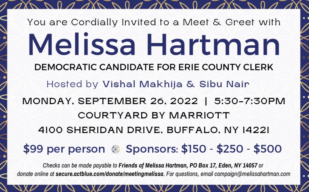 We are going to <a href="/ElectMHartman/">Melissa Hartman for Erie County Clerk</a> Erie County Clerk in November and we need you!  Please join us at her next event on September 26th.