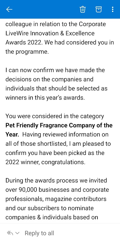 You are never gonna believe this lovely people!
Pawfect scents has only gone and won another award!
We cannot tell you how much this means to us!
We would like to offer a 10% Discount using code Award22
Thank you so much for your ongoing support❤️❤️
#ThankYou 
#grateful