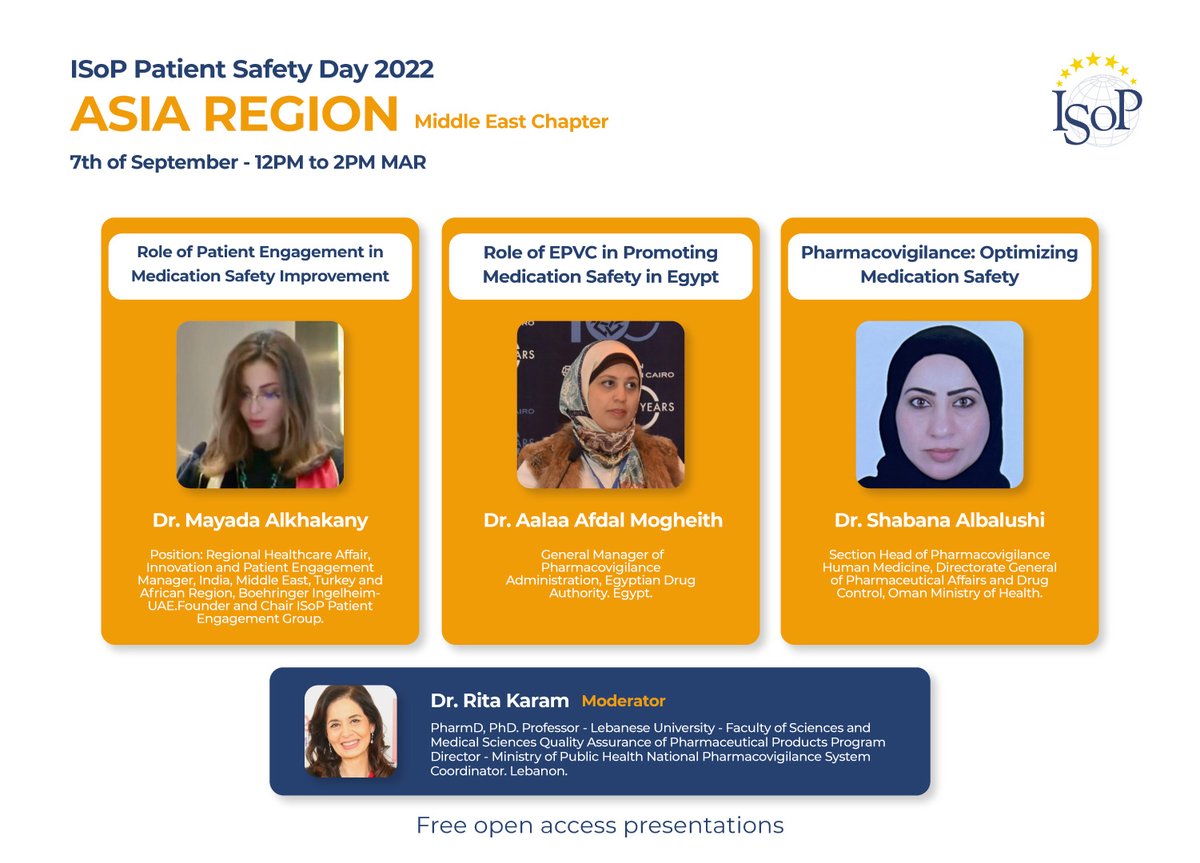 ISoPonline's tweet photo. Get to know the speakers for the Middle East Chapter for #ISoPPatientSafetyDay2022.

Register free here: https://t.co/8Jdc8vd9XO

And join us for free webinars and activities the 7th and 8th of September! https://t.co/5KMhqyAv9m