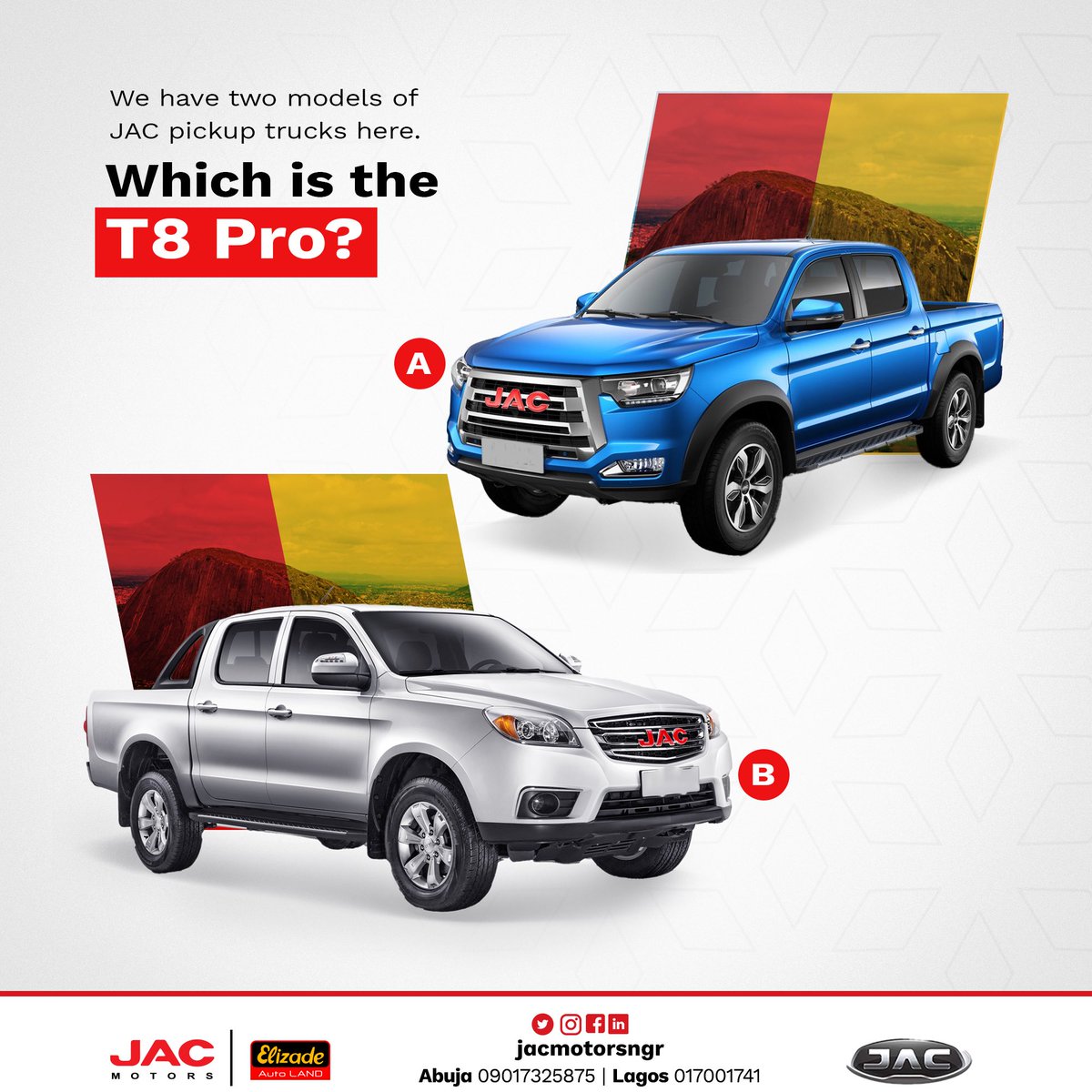 JACMotorsngr's tweet photo. Which of these is the JAC T8 Pro pickup truck? We want to know who has been paying attention.

Share your answers in the comment section. 

#jacmotors #elizadeautoland #jacnigeria #elizadeautolandjacmotors #jact8pro #pickuptruck #cartrivia https://t.co/as2Xsxb4ha