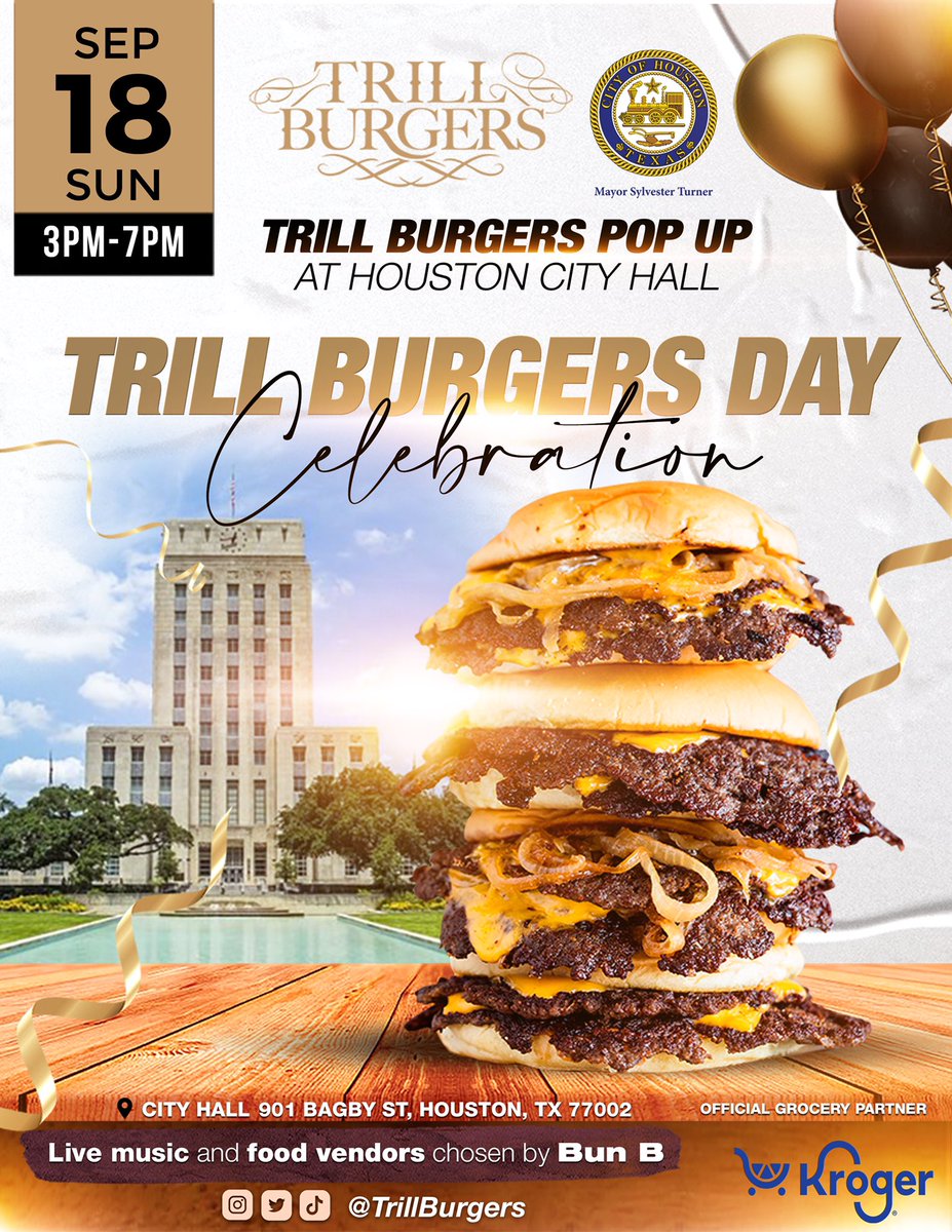 FestDates's tweet image. 🚨CELEBRATION AT CITY HALL!
 Trill Burgers Day Celebration! Mark  Sept. 18, Houston🗓 

📍Houston City Hall
  901 Bagby St 77002
  September 18, 2022
  3PM - 7PM

#BunBTrillOG @HoustonTX

#festdates