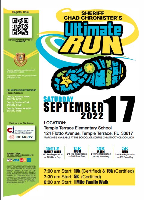 Chad Chronister (@chadchronister) on Twitter photo THIS MONTH: <a href="/HCSOSheriff/">HCSO</a> Ultimate Run, benefiting <a href="/FLSheriffsYR/">FLSheriffsYouthRanch</a> and <a href="/CWAV813/">ChildrenWithAVision</a>, Saturday, September 17th, visit hcsocharities.com for more information and to register. THIS MONTH: <a href="/HCSOSheriff/">HCSO</a> Ultimate Run, benefiting <a href="/FLSheriffsYR/">FLSheriffsYouthRanch</a> and <a href="/CWAV813/">ChildrenWithAVision</a>, Saturday, September 17th, visit hcsocharities.com for more information and to register.