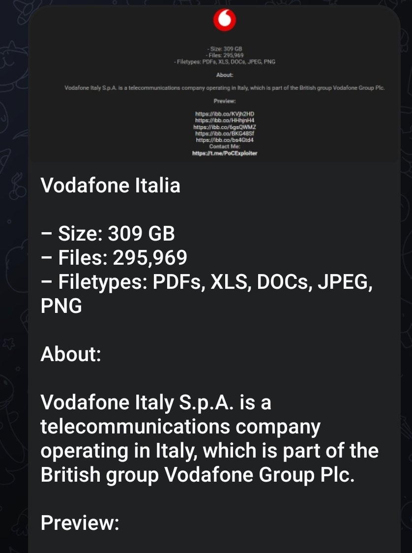 Cyberknow20's tweet image. Someone is advertising 309gb of stolen data from #Vodafone  #Italy.

#cybersecurity #infosec #databreach