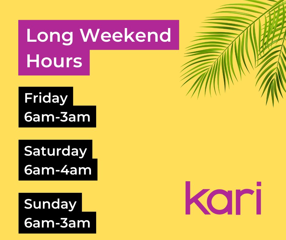 meetkari's tweet photo. Helllllooooo Long Weekend! Need a ride, we're here with extended hours!
Friday - 6am 'til 3am
Saturday - 6am 'til 4am
Sunday - 6am 'til 3am https://t.co/DkNdl8yaxK