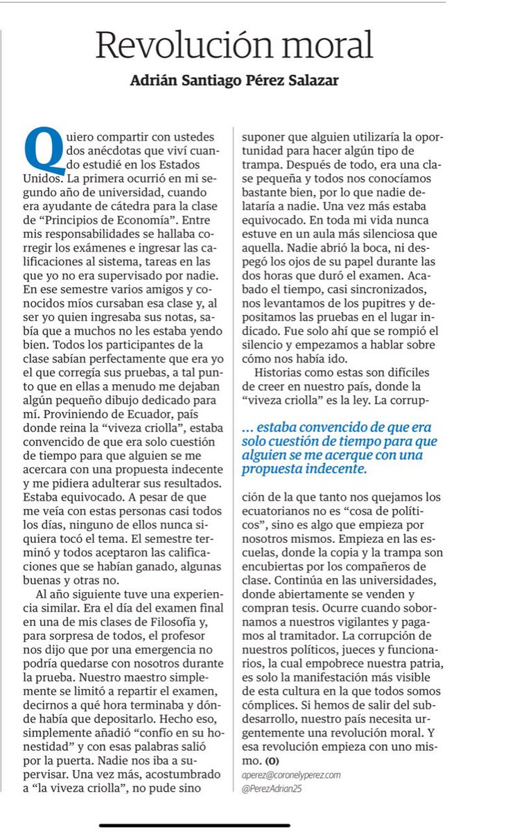 PerezAdrian25's tweet image. En nuestro país la corrupción no es “cosa de políticos” sino que es parte de una cultura en la que nosotros somos cómplices. Ecuador necesita una revolución moral. Mi artículo el @eluniversocom ⤵️