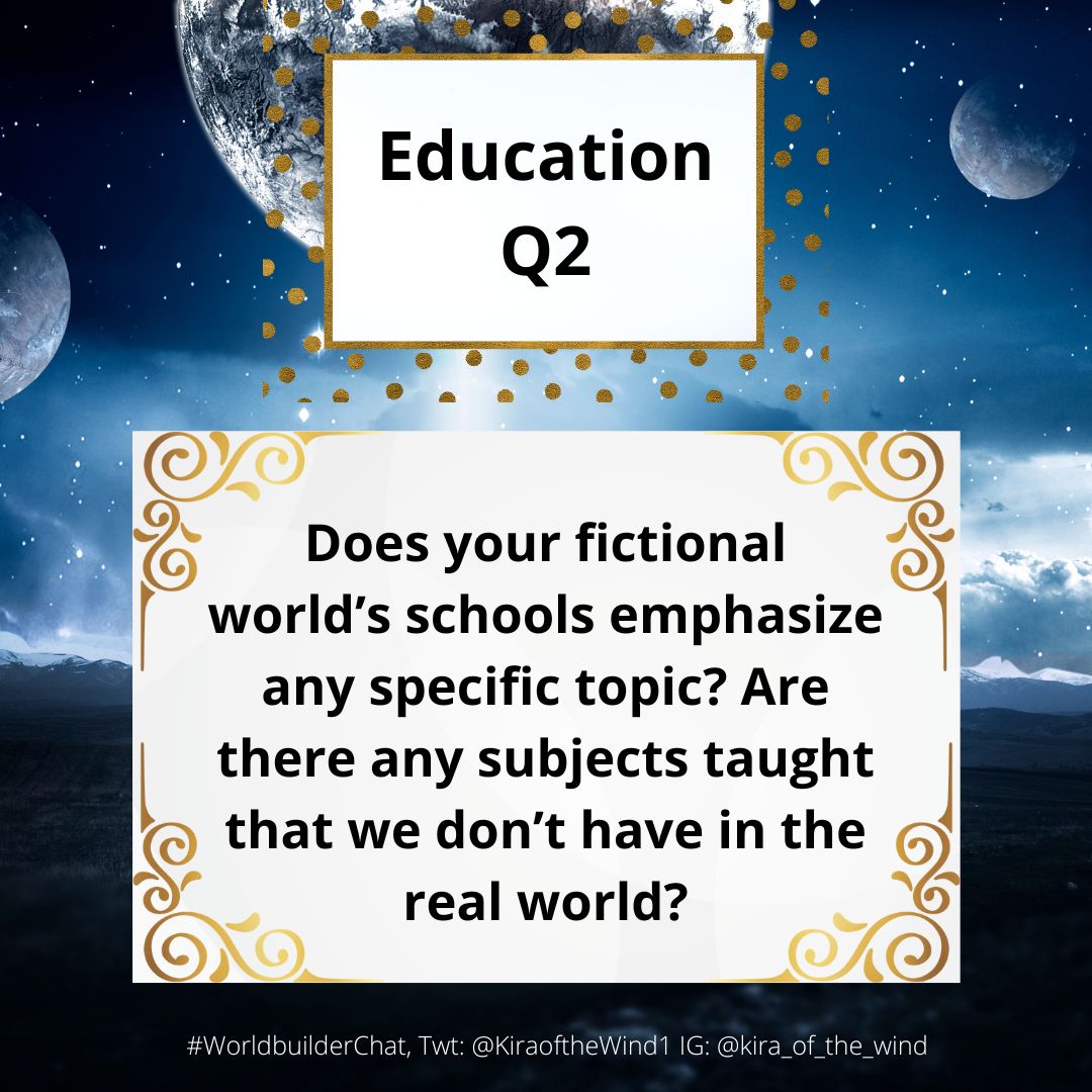 Kiraofthewind1's tweet photo. #WorldbuilderChat Q2 Does your fictional world’s schools emphasize any specific topic?* Are there any subjects taught that we don’t have in the real world?

*If writing about the real world, does your school offer unique courses? https://t.co/ZRMznOY82g