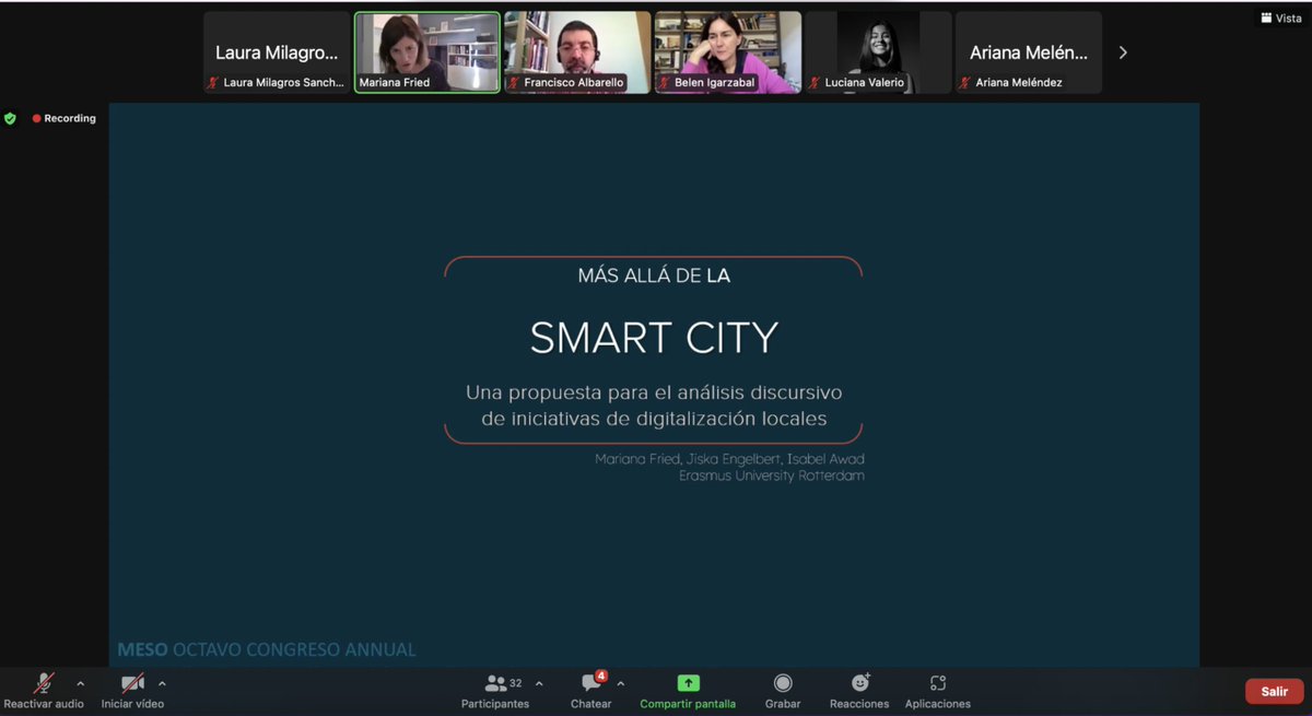 Meso Argentina (@mesoargentina) on Twitter photo MESA 7| “Más allá de la Smart City: Una propuesta para el análisis discursivo de iniciativas de digitalización locales”. Exponen: Mariana Fried (<a href="/marianafried/">Mariana Fried</a>), Jiska Engelbert & Isabel Awad (Universidad Erasmo de Róterdam).
#CongresoMESO2022 MESA 7| “Más allá de la Smart City: Una propuesta para el análisis discursivo de iniciativas de digitalización locales”. Exponen: Mariana Fried (<a href="/marianafried/">Mariana Fried</a>), Jiska Engelbert & Isabel Awad (Universidad Erasmo de Róterdam).
#CongresoMESO2022