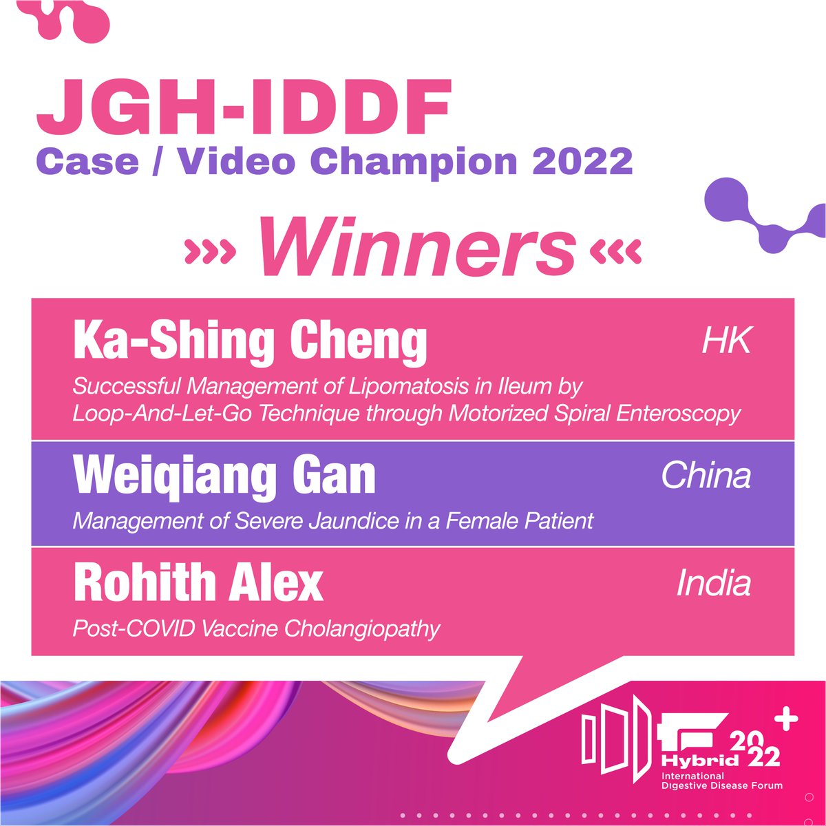 IDDF_CUHK's tweet photo. #IDDF2022 We are delighted to announce the winners of the JGH-IDDF Case/Video Champion 2022:
🏅Ka-Shing Cheng (HK)
🏅Weiqiang Gan (China)
🏅Rohith Alex (India)
#Congratulation👏👏👏 Look forward to seeing you in 2023.
@CUHKGI
@CUHKMedicine
@JGHofficial
@RashidLui https://t.co/hQODypNdeE