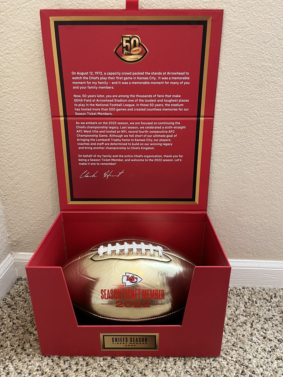 nickbates23's tweet photo. Finally got my 50th anniversary Chiefs STM football. I can’t wait to get out to arrowhead this year as a first time season ticket holder! #ChiefsKingdom https://t.co/QTFRGZrawS