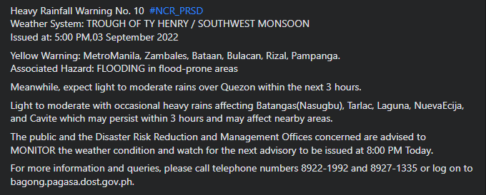 dost_pagasa's tweet photo. Heavy Rainfall Warning No. 10  #NCR_PRSD
Weather System: TROUGH OF TY HENRY / SOUTHWEST MONSOON
Issued at: 5:00 PM,03 September 2022 https://t.co/x5hfkkPoXm