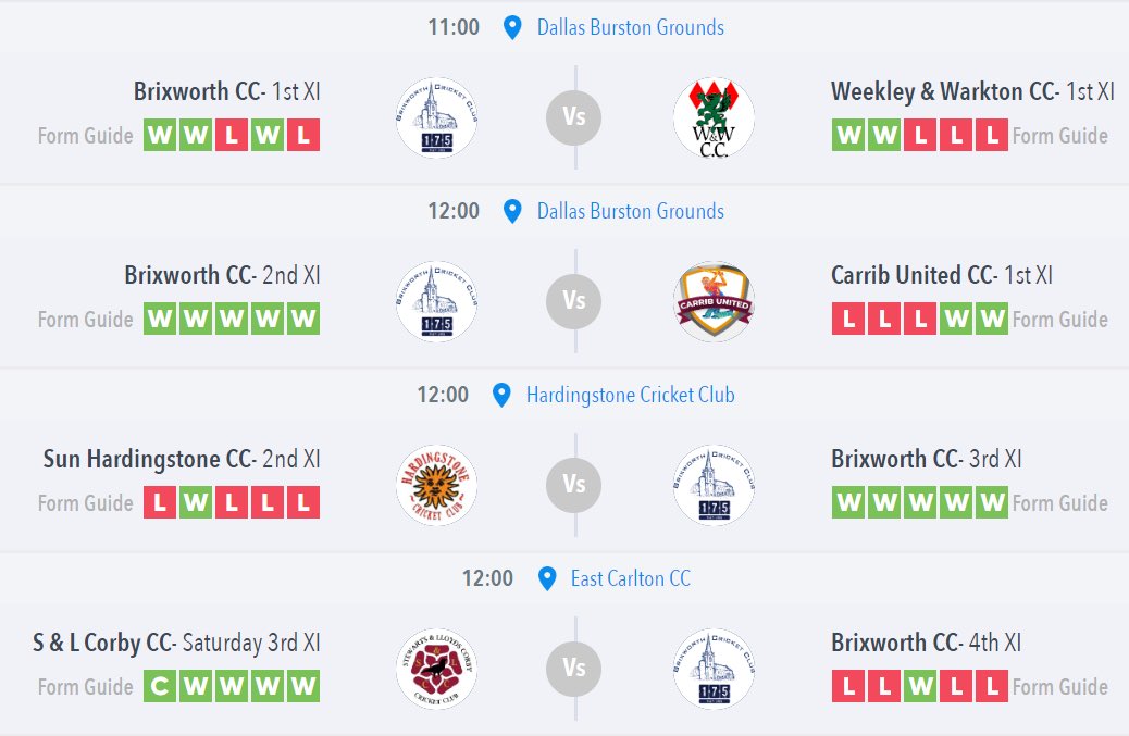 Brixworth Cricket Club (@brixworth_cc) on Twitter photo Todays <a href="/official_NCL/">NCL</a> KO cup Fixtures🏏
1st XI Home Vs <a href="/wwcc_official/">Weekley & Warkton CC</a> 1st XI
2nd XI Home Vs <a href="/CcCarib/">Carrib United CC</a> 1st XI
3rd XI Away Vs Sun Hardingstone 2nd XI
4th XI Away Vs <a href="/slcorbycc/">S&L Corby CC</a> 3rd XI
Good luck to all, and a huge shout out to the captains for organising venues and start times!🏏 Todays <a href="/official_NCL/">NCL</a> KO cup Fixtures🏏
1st XI Home Vs <a href="/wwcc_official/">Weekley & Warkton CC</a> 1st XI
2nd XI Home Vs <a href="/CcCarib/">Carrib United CC</a> 1st XI
3rd XI Away Vs Sun Hardingstone 2nd XI
4th XI Away Vs <a href="/slcorbycc/">S&L Corby CC</a> 3rd XI
Good luck to all, and a huge shout out to the captains for organising venues and start times!🏏
