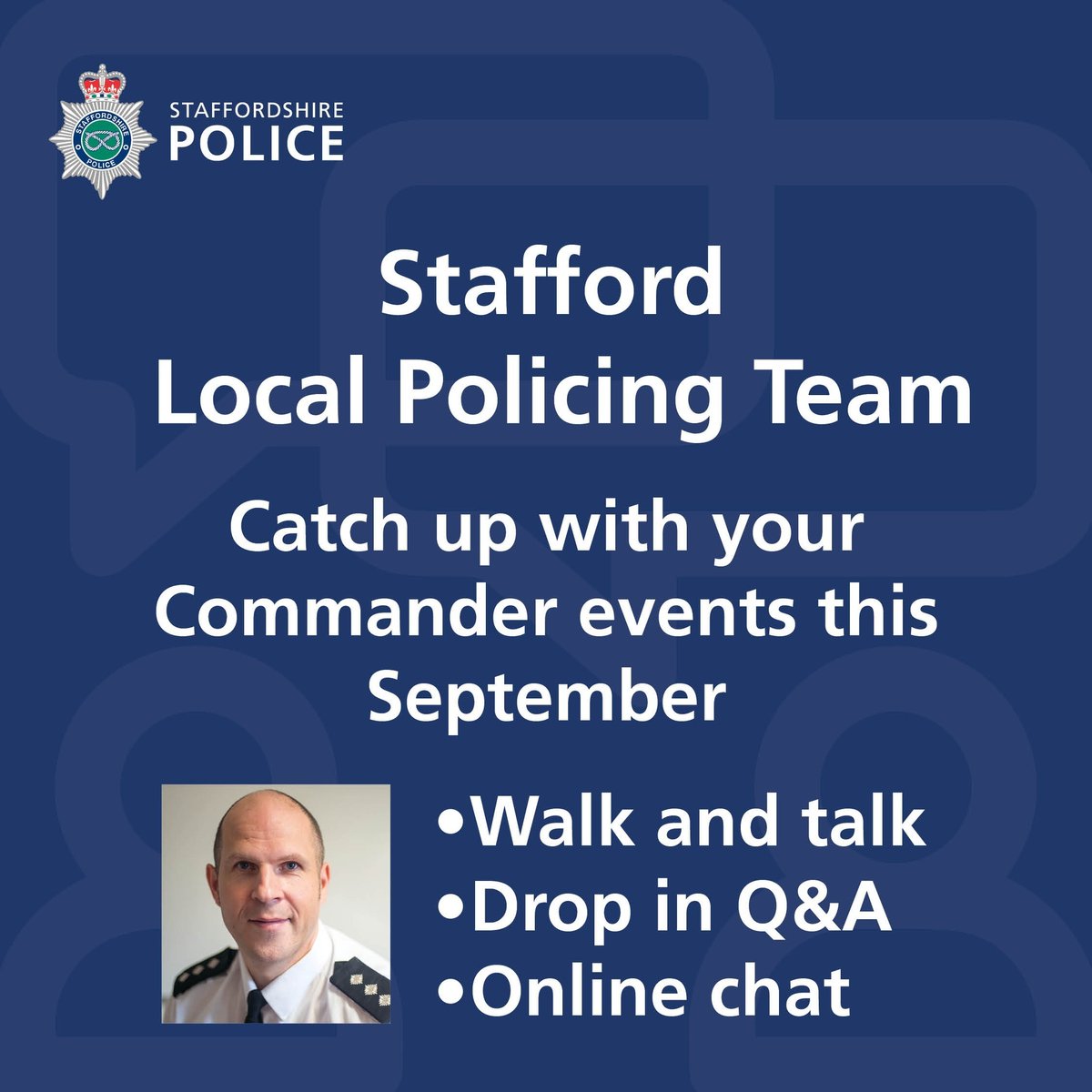 This September our commander, @NPTStafford  is hosting a number of events to offer you the chance to get to know some of your local officers, ask questions or raise any concerns. 

To find out about the events happening in your area, please visit: orlo.uk/pqtzs