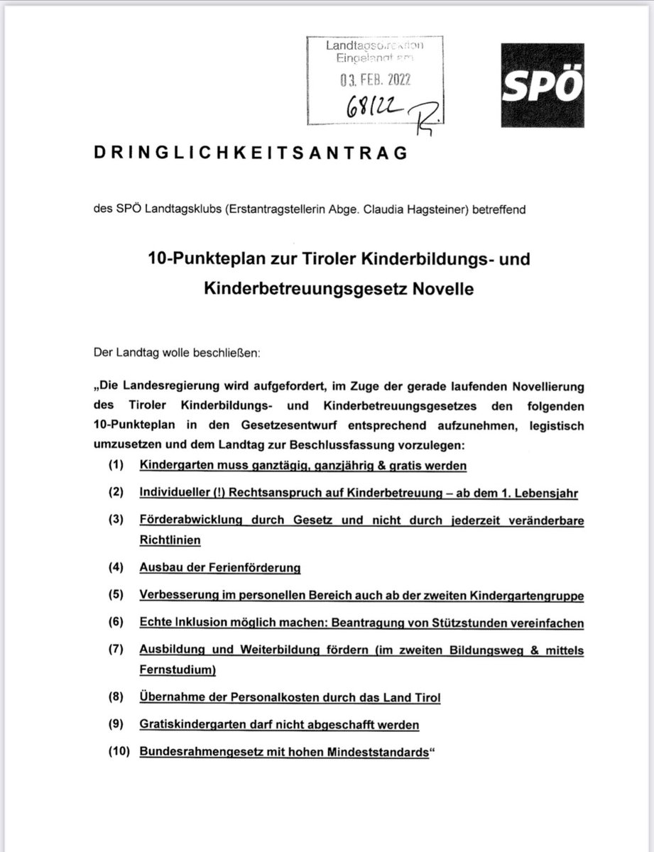 Im Mai von der schwarz-grünen Regierung noch abgelehnt und jetzt von Mattle zum Parteiziel erklärt: der SPÖ-Antrag auf einen Kinderbetreuung-Rechtsanspruch ab dem 1. Lebensjahr. Kann man nicht erfinden. #tirol