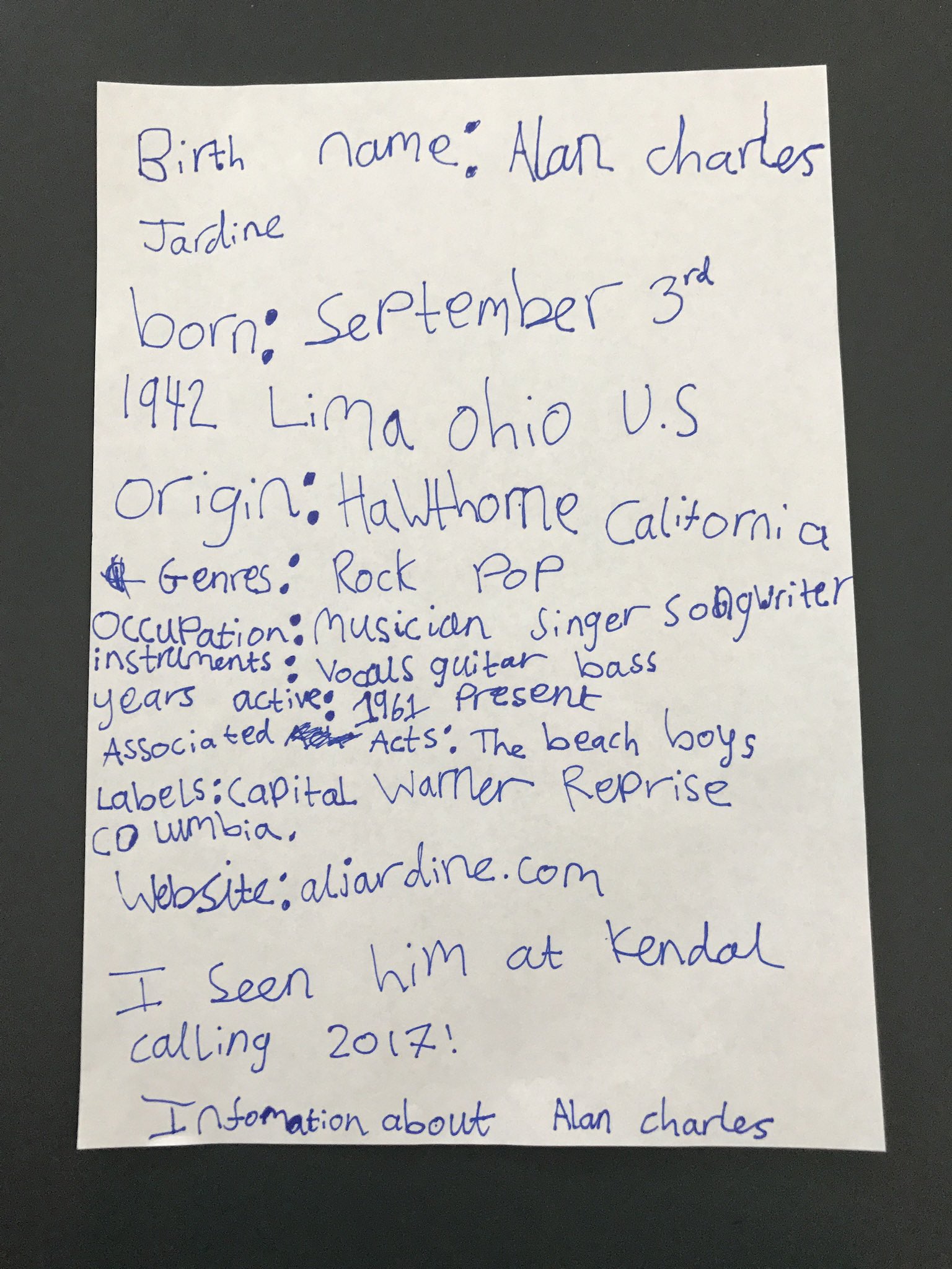  Happy 80th Birthday Al Jardine (Notes from the daughter when she was 7 at Kendal Calling Festival 2017) 
