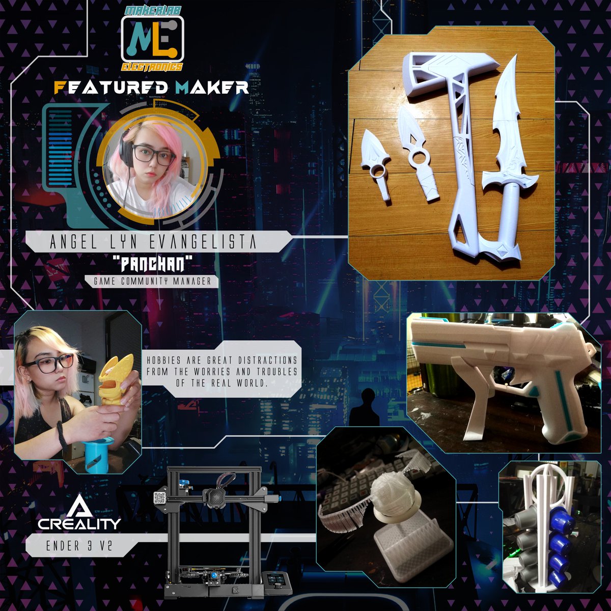 makerlab_e's tweet image. Thumbs up to our featured maker today, Ms. Angel Lyn Evangelista

Isa sa mga best part yung may hobby ka like 3D printing ay pwede mo ‘tong gawing distaction kapag may pinagdadaanan ka sa buhay. ‘Ika nga life’s a hobby.

Create lang, Makers!

#MakeItMakerlab 
#MakerlabElectronics
