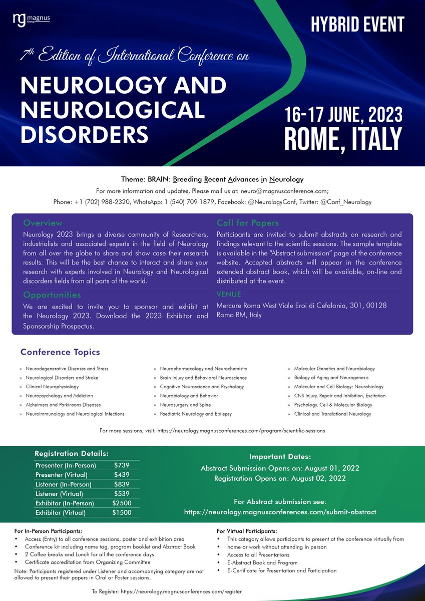 Conf_Neurology's tweet photo. We're excited to announce our 7th edition #Neurology2023 scheduled during June 16-17, 2023 in Rome, Italy and Online.
For more details, visit: https://t.co/o0VDY49jmV
#Neurology2023 #HybridEvent #NeurologyConferences #NeuroscienceConferences #BrainCongress #NeurologyEvent https://t.co/Ku1nLrMQCs