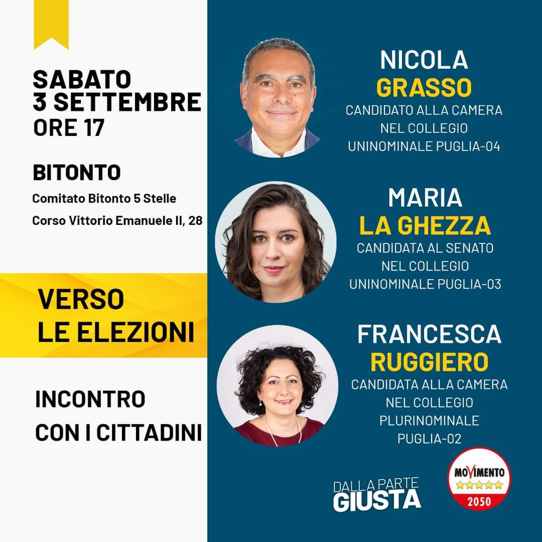 Ci vediamo oggi a Bitonto con <a href="/NicolaGrasso68/">Nicola Grasso</a> e Maria La Ghezza, candidati per il <a href="/Mov5Stelle/">MoVimento 5 Stelle</a> rispettivamente alla Camera nel collegio uninominale Puglia-04 e al Senato nel collegio uninominale Puglia-03
m.facebook.com/story.php?stor…