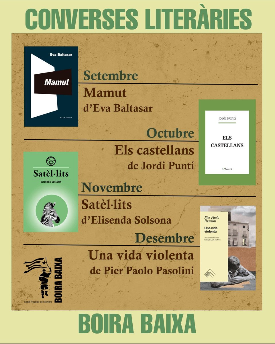 CasalBoiraBaixa's tweet photo. 📚 Comencem un nou curs i reprenem les converses literàries Boira Baixa!
🍁 Ens espera una tardor carregada de literatura, molt aviat tota la informació! #Manlleu #AgendaPPCC https://t.co/IidXZ5shlT