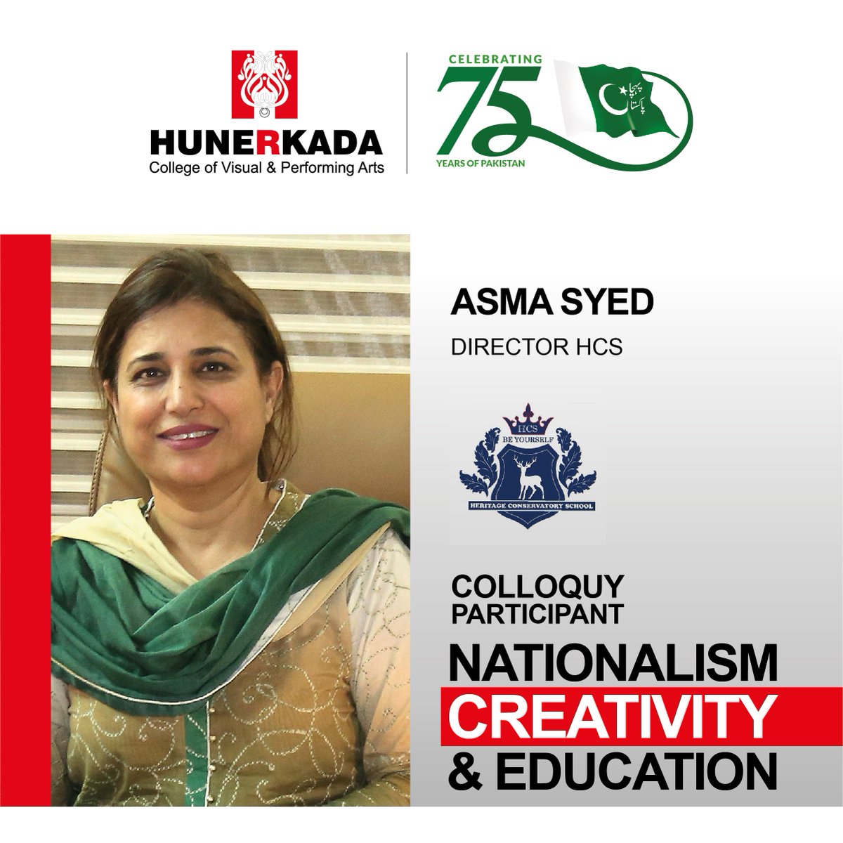 hunerkada's tweet photo. Meet our Colloquy Participant β Asma Syed
#Hunerkada #PehchanPakistan #Nationalism #Creativity #Education #InclusiveCollaboration #InclusiveEducation https://t.co/ojgdlptOBa