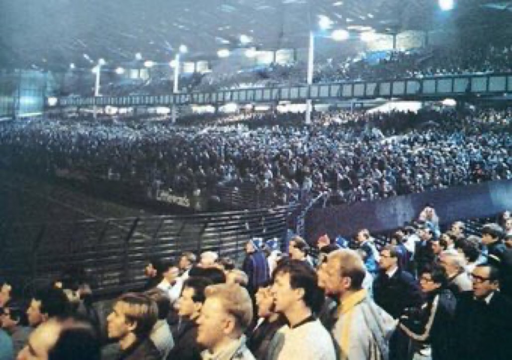 Everton fans watch a beam back of their 1987 League Cup third round tie away to Liverpool from the Goodison terraces #Everton #EFC
