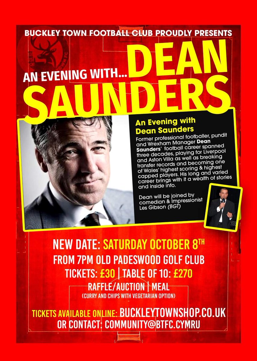 Posting on behalf of <a href="/BTVetsFC/">BuckleyTownVets</a> 👍

An evening with Dean Saunders ⚽️

<a href="/BTFCofficial77/">Buckley Town FC & Buckley Town Ladies</a> @WalesEast <a href="/AllWalesSport/">All Wales Sport</a> <a href="/NWSportDave/">Grassroots North Wales</a>