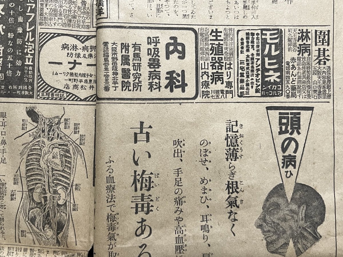 祖父の描画用具箱の蓋に敷かれていた昭和12年の大阪朝日新聞。やはり当時は性病が多かったんだな。使用するとやばそうな薬も。 