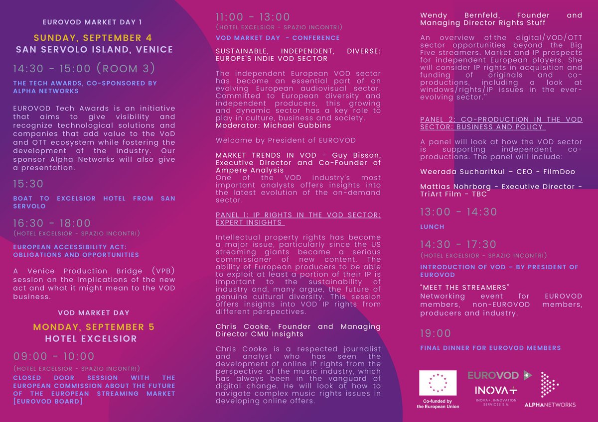 Finally, the program of our VoD Market Days is out! 

Thank you to our partners <a href="/EU_Commission/">European Commission</a> and <a href="/AlphaNetworks_/">Alpha Networks</a>

buff.ly/3Rpw7Y6

#CreativeMedia #EC #EUROVOD #AlphaNetworks #AudioVisual #VoD
