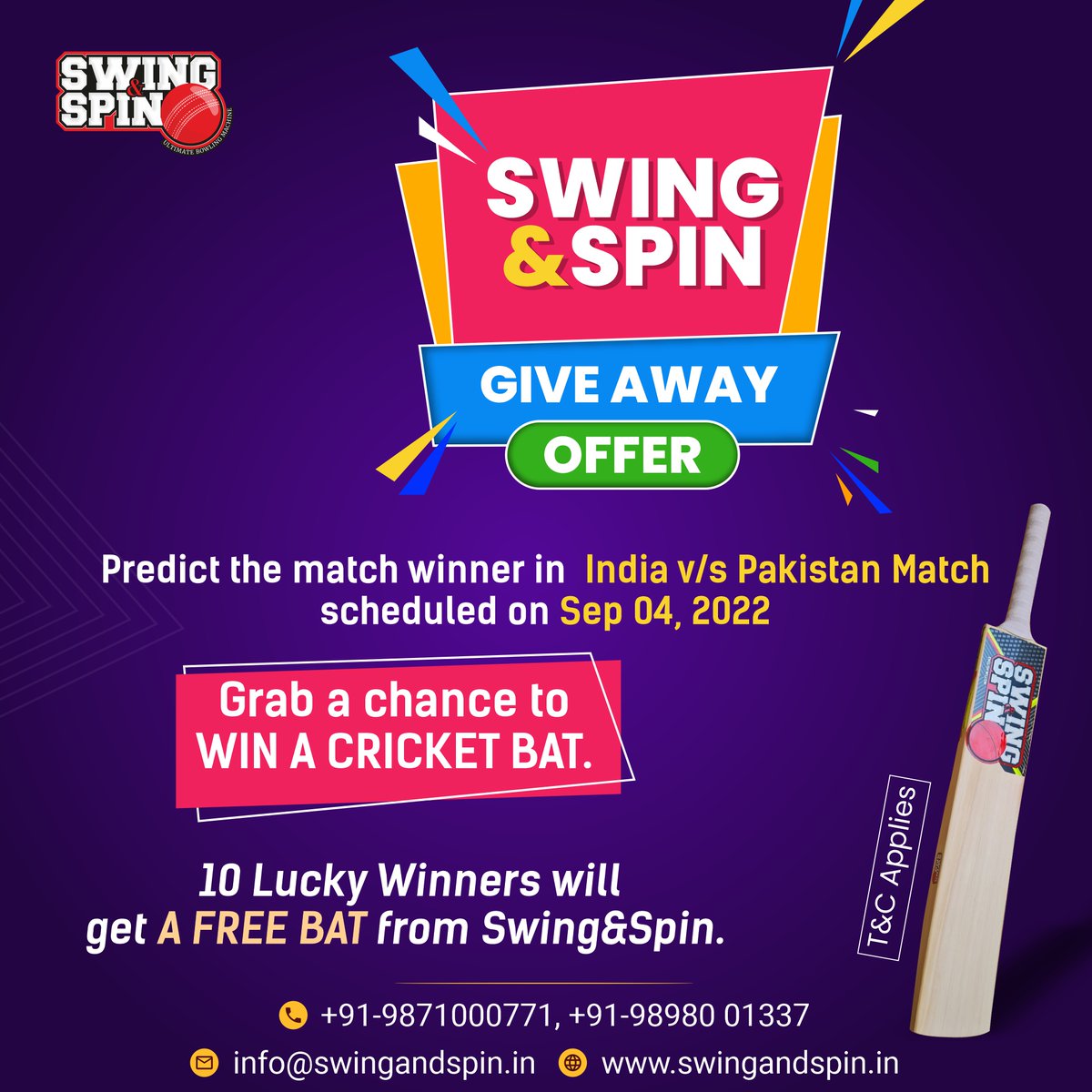 Swing_Spin's tweet photo. ✨ 𝑺𝒘𝒊𝒏𝒈&amp;𝑺𝒑𝒊𝒏 𝑮𝒊𝒗𝒆 𝑨𝒘𝒂𝒚 𝑶𝒇𝒇𝒆𝒓 ✨

Can you guess who will win the India v/s Pakistan match? @Swing_Spin offers a chance for you to 𝑾𝑰𝑵 𝑨 𝑪𝑹𝑰𝑪𝑲𝑬𝑻 𝑩𝑨𝑻 if you predict it right now.🏏🤩

👉 Comment your Answer Fast. 

#thepitch #SwingSpin #giveaway https://t.co/hv128kwjqT