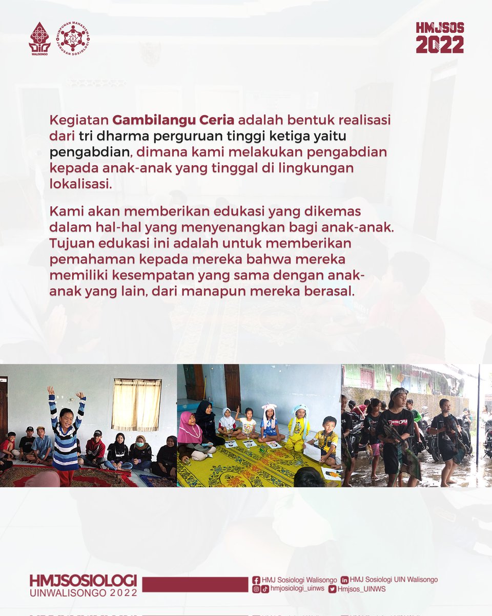 HMJSos_UINWS's tweet photo. [GAMBILANGU CERIA ITU APA SIH?]

Halo sobat sosiologi!

Jadi Departemen SOSMA (Sosial dan Masyarakat) mengadakan program kerja yang bernama Gambilangu Ceria. Mau tau Gambilangu Ceria itu apa? yukkk geser geser ke slide selanjutnyaa😃
#gambilanguceria
#hmjsosiologi2022
#uinws https://t.co/C4gXC7JuyX