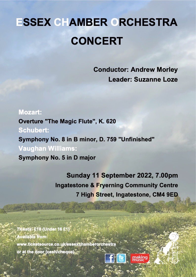 ECHO_orchestra's tweet photo. Next Sunday 11/09/22 @ECHO_orchestra in Concert @Ingatestone_UK Community Centre 7pm, #VaughanWilliams #Mozart #Schubert @Andrew_C_Morley @tixEssexEAnglia (ticketsource) @whatsonessex @essexlive @Essexlife https://t.co/WsWJdoFDGF