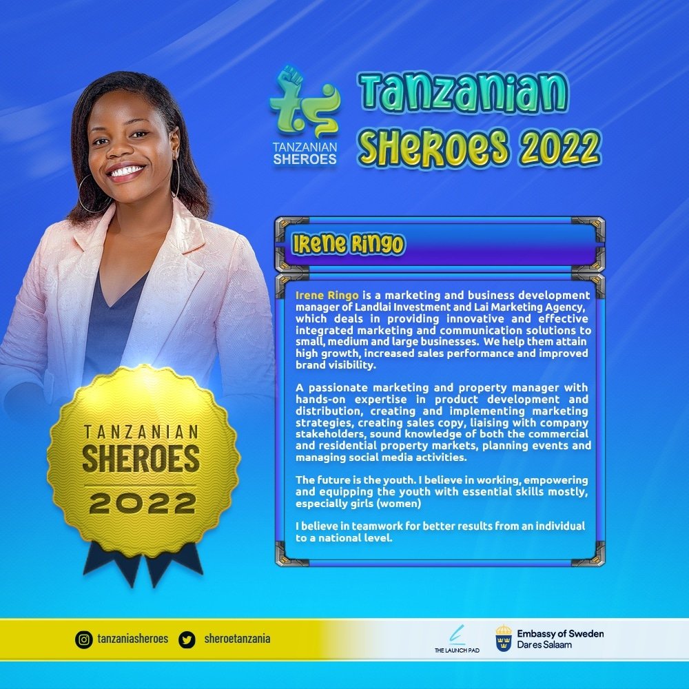 Irene Ringo helps SMEs through her marketing and communications firm. 
She believes teamwork is the best way to get the best results.

WE APPRECIATE YOU. <a href="/Lai_Agency/">Lai Marketing Agency</a>

#100TanzaniaSheroes 
#ChangingNarratives 

Cc <a href="/swedenintz/">Sweden in Tanzania</a>