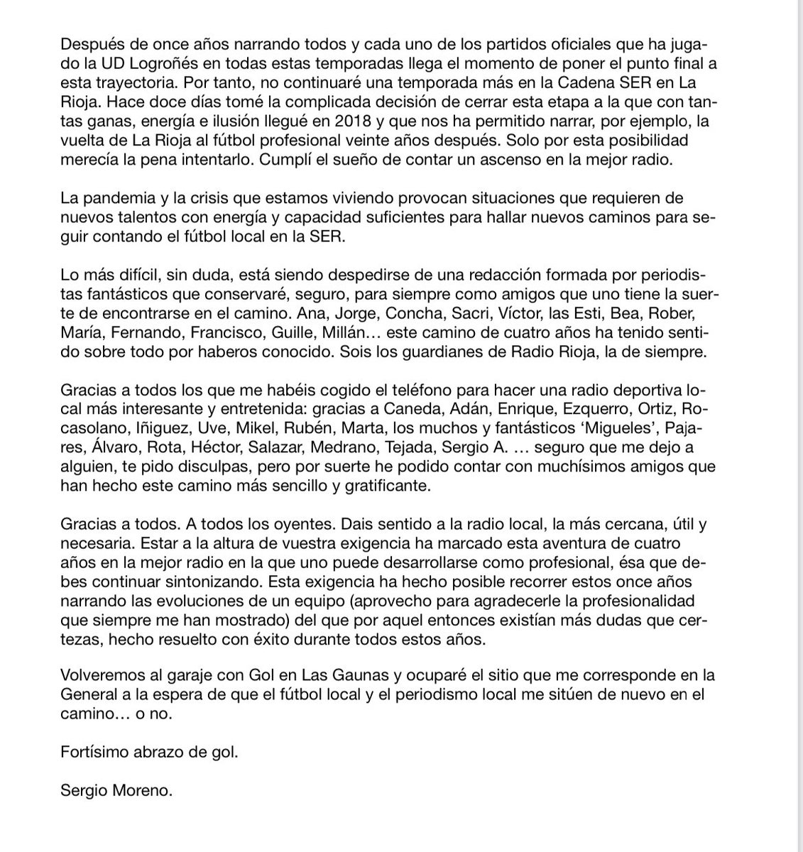 smorenolaya's tweet photo. Hoy es diferente…

Cierro cuatro años extraordinarios, en lo personal y en lo profesional, en @RadioRioja.

Cierro once años narrando todos los partidos de la @UDLogrones. 

Ha sido un honor, un orgullo y una experiencia vital irrepetible. 

GRACIAS y abrazo de gol. https://t.co/h5sW84NPSy