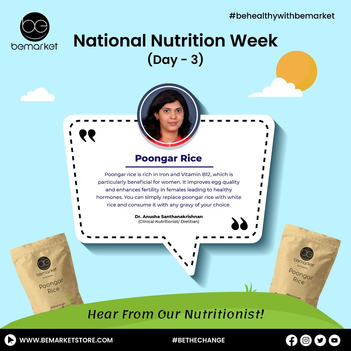bemarket_store's tweet photo. Another nutritional fact on Day 3 of the National Nutrition Week

Poongar Rice

Our nutritionist, Ms. Anusha Santhanakrishnan shares amazing facts on Poongar rice and its benefits for females suffering from fertility issues.

@nutritionist_anusha https://t.co/YwF1delHZD