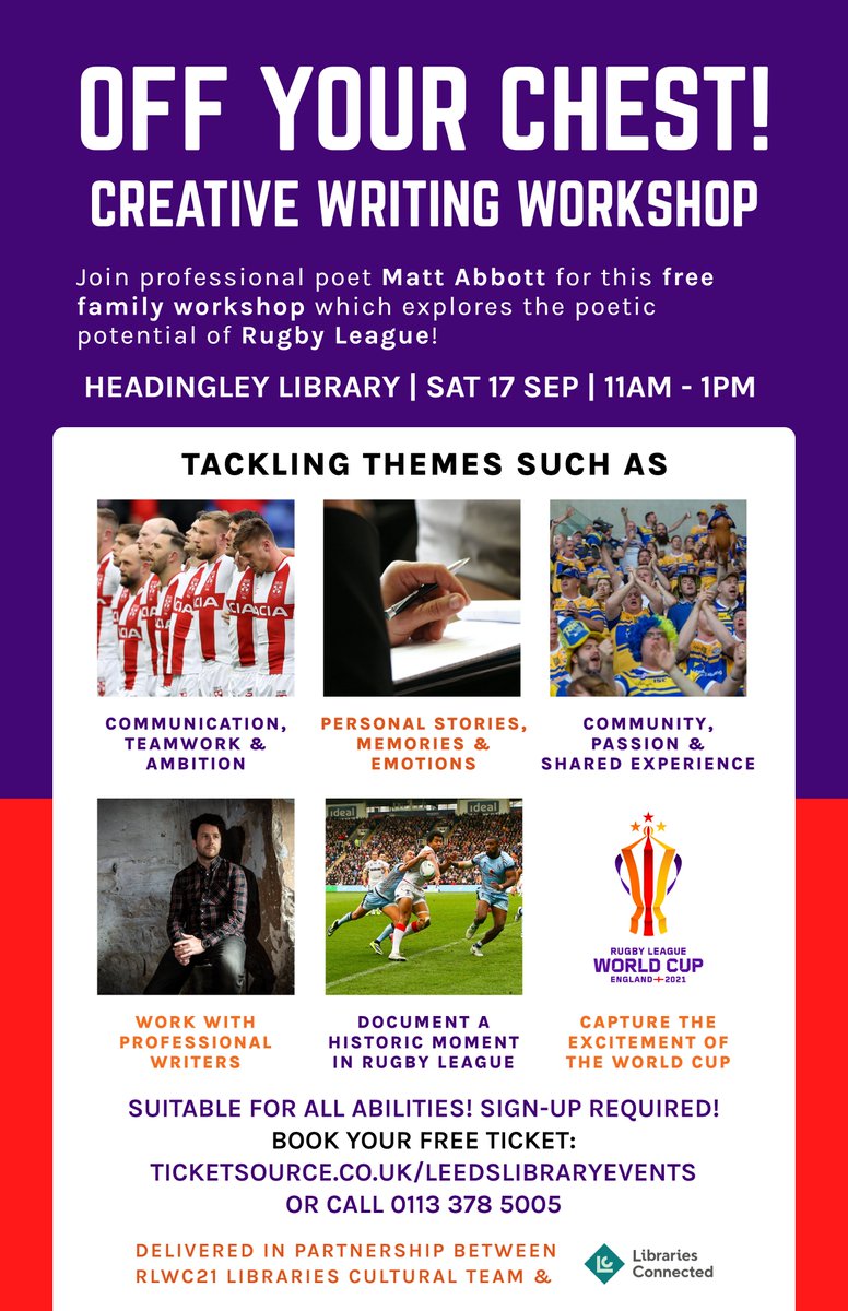 mattabbottpoet's tweet photo. i'm working on a project as part of @RLWC2021 which aims to attract RL fans into libraries &amp; library users into RL 🏉

there'll be free workshops with various poets taking place across the M62 between now &amp; the final. my first two are this month in Leeds!

https://t.co/RQMYd2CAZN https://t.co/m55f7X1D5y