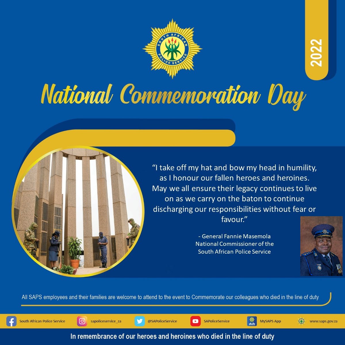 SAPoliceService's tweet photo. #sapsHQ #ForOurMembers - Message from the National Commissioner of the South African Police Service. In remembrance of the 33 Police Officers who died in the line of duty. #FinalSalute NP https://t.co/FXh7ZFxBBB https://t.co/GZ3QTWEm48