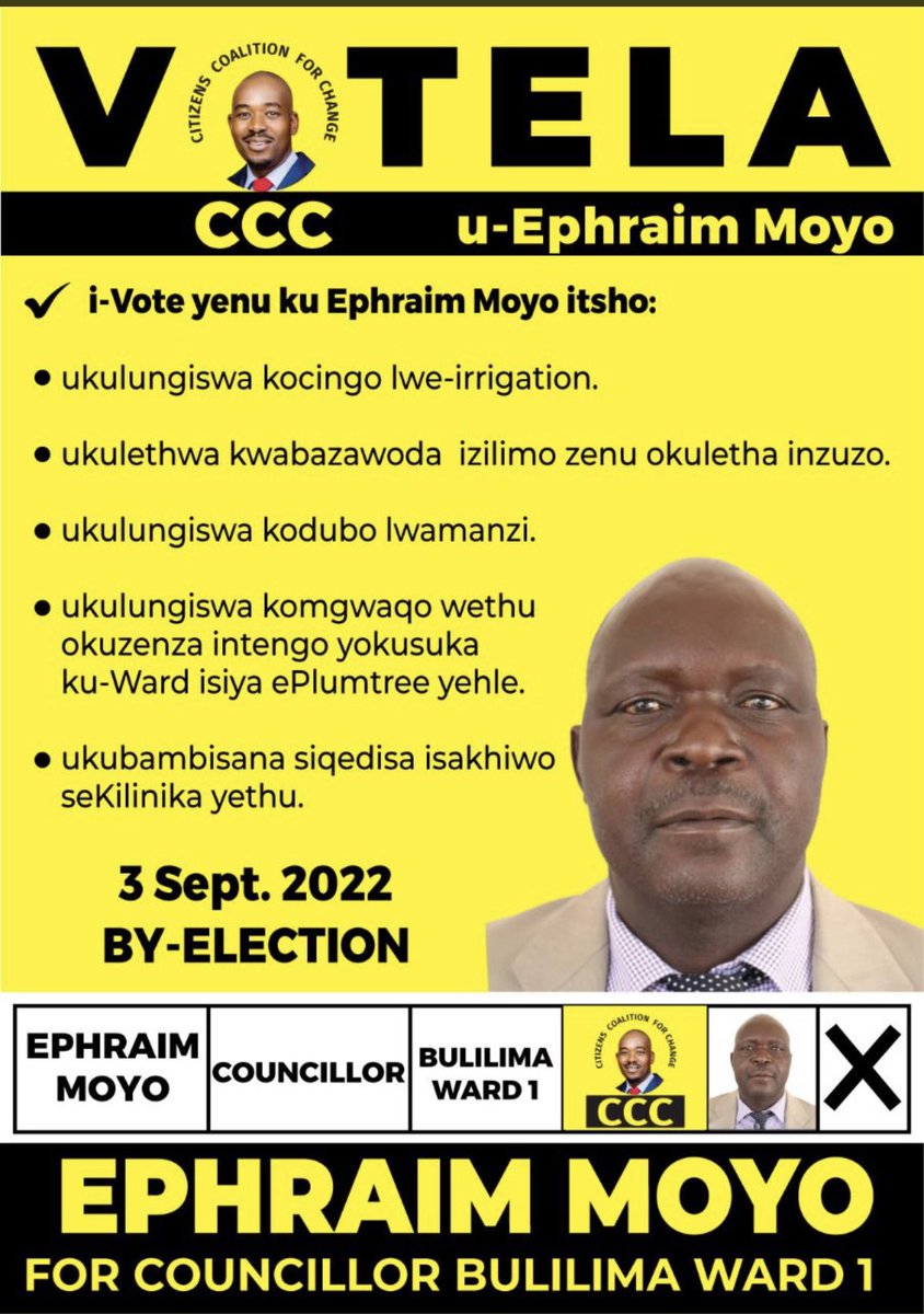 Best wishes to our #CCC Cllr candidates today. 

#Vote wisely 

#Vote for change 

#BulilimaByElections 

<a href="/Njemnyama8/">Njemnyama Solani</a> <a href="/ToffaJasmine/">Jasmine Toffa nee' Koks (Hon)</a> @ellenshiriyeden <a href="/DrThoko_Khupe/">Dr Thokozani Khupe</a> <a href="/zamoepre/">PreciousNomzamo</a> <a href="/sarahcronje/">Sarah</a> <a href="/DCBajila/">Discent Bajila</a> <a href="/tshuma_mduduzi1/">The Metallurgist</a> <a href="/Mahlabangadli/">Nonhlanhla Mlotshwa</a>