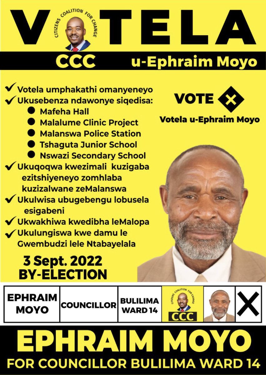 Noe_MalabaNcube's tweet photo. Best wishes to our #CCC Cllr candidates today. 

#Vote wisely 

#Vote for change 

#BulilimaByElections 

@Njemnyama8 @ToffaJasmine @ellenshiriyeden @DrThoko_Khupe @zamoepre @sarahcronje @DCBajila @tshuma_mduduzi1 @Mahlabangadli https://t.co/NoRy9r0DKT