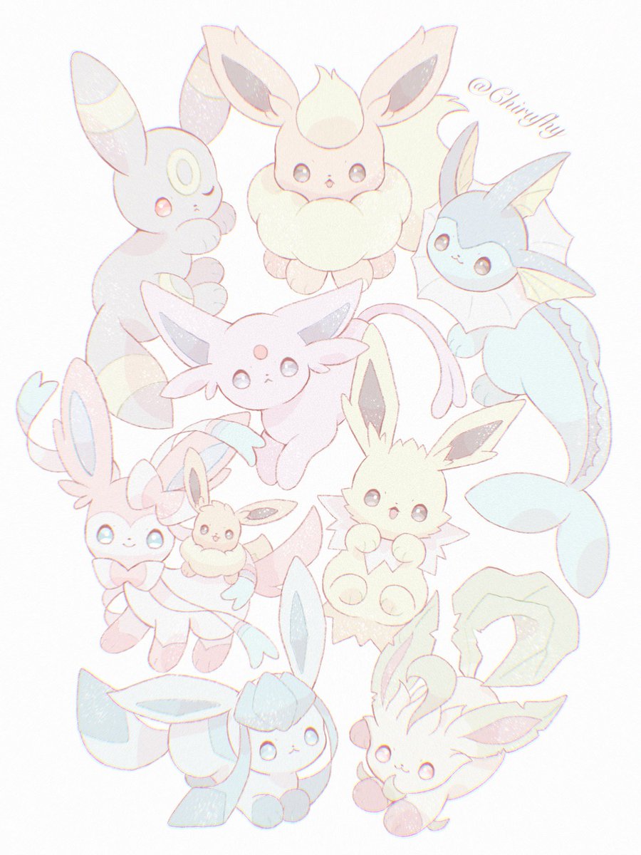 eevee ,espeon ,glaceon ,leafeon ,sylveon ,umbreon ,vaporeon no humans pokemon (creature) closed mouth smile white background open mouth twitter username  illustration images