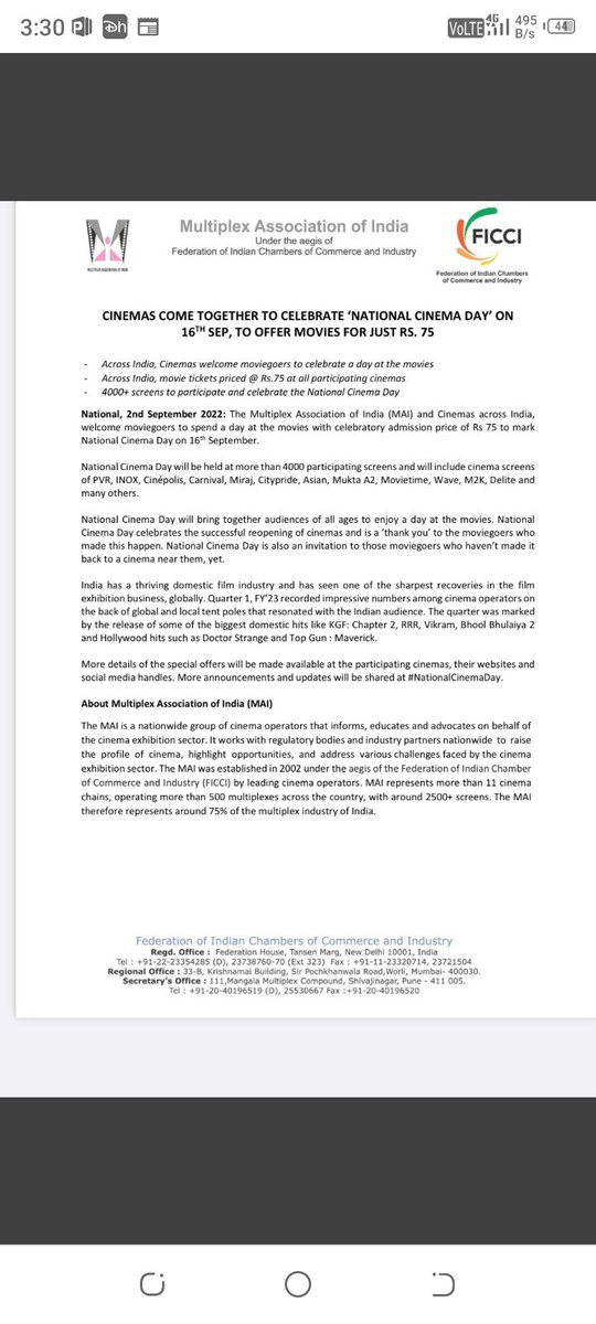 kheleshwar3's tweet image. September 16 is #NationalCinemaDay, 4000+ screens to offer movies for ₹75. 
@ficci_india
 and #MultiplexAssociationofIndia have come together for this initiative. Biggest domestic hits in the current  quarter of 2022 - #KGF2, #RRR, #Vikram and #BhoolBhulaiyaa2