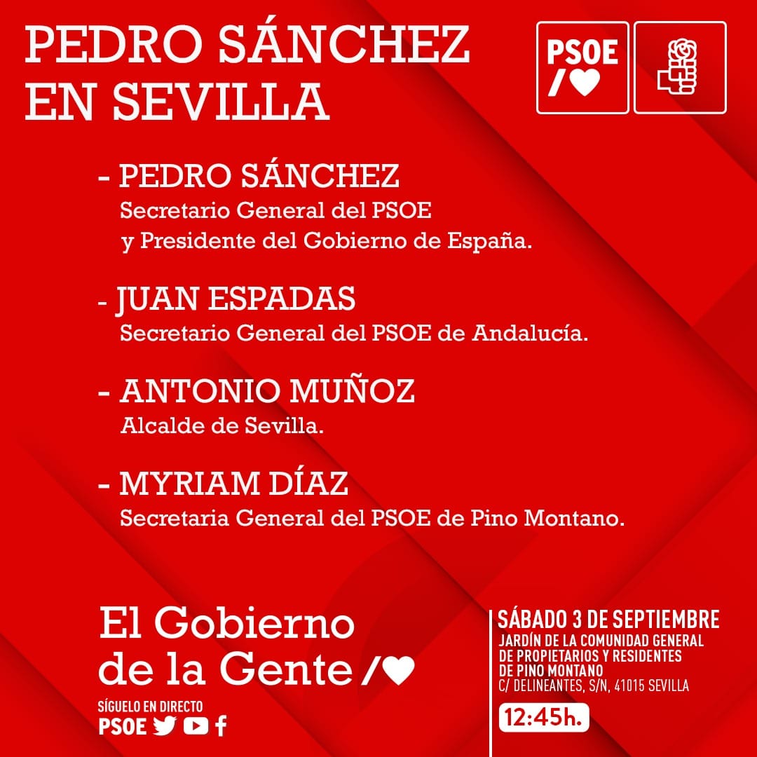 Hoy estamos en Sevilla para hablar sobre las medidas aprobadas por el Gobierno en este tiempo, escuchar a la ciudadanía y dar soluciones a sus problemas.

Porque somos #ElGobiernoDeLaGente.

Podéis seguirlo en directo a partir de las 12.15 horas, aquí: youtu.be/S6qEOWkM0uA