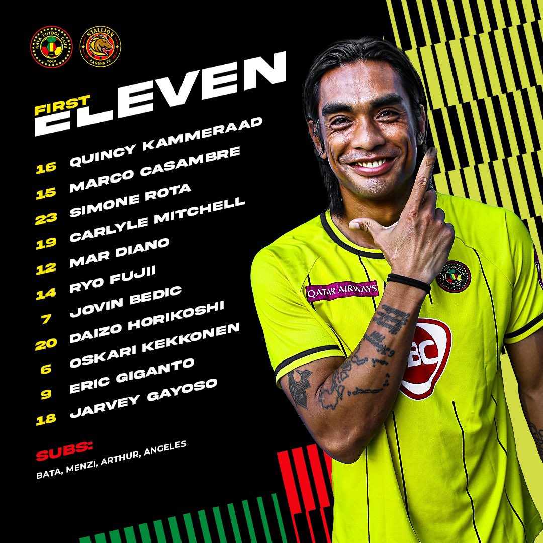 🚨Starting XI vs. <a href="/StallionFCPhil/">StallionFCPhil</a> 

<a href="/JarveyGayoso/">Jarvey Gayoso</a> takes point 🔥
<a href="/Ryoofuj/">Ryo Fujii</a> returns to the lineup 🪄
<a href="/bedic08/">vidicvidic (jovin)</a> &amp; <a href="/ericgigs09/">Eric Ben Gigs</a> line up on the wings ✈️

#KAYvSTA | #PFL2022 | #UnaKaya