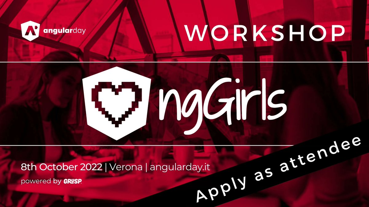angularday's tweet image. Are you a women and would you like to improve your skills about #angular?

Take part to ngGirls workshop that will be held in Verona on October 8th, 2022

Apply now for free: buff.ly/3AaRDsu 

@grusp @AngularGirls #angular #angularjs #js #javascript #freeworkshop