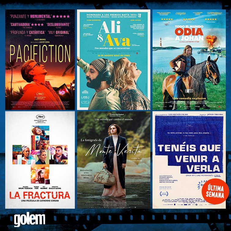 GolemMadrid's tweet photo. Deja que cambiemos tu definición de paraíso en la tierra con estas películas:
🌴 #Pacifiction
🎧 #AliYAva
💥 #TodoElMundoOdiaAJohan
🏥 #LaFractura
📷 #LaFotógrafaDeMonteVerità
🏓 #TenéisQueVenirAVerla (¡última semana!)
Entradas 🎟️: https://t.co/LijQHPF4md https://t.co/XXF0M52gKZ