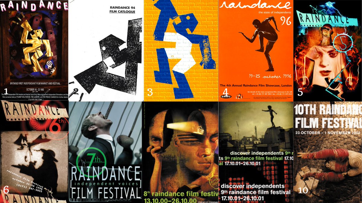Raindance's tweet photo. Time for a game! Here are our old posters from the 1st (1992) to the 10th (2002) Raindance Film Festival. Which is your favourite from this list?

#RaindanceTurns30 https://t.co/yVcDKUpPte