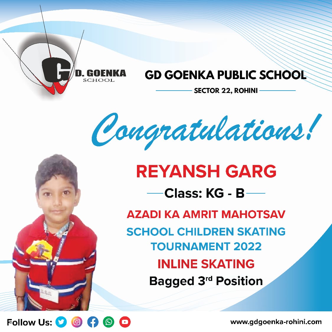 GdRohini's tweet photo. Our star skaters, Aashwik Maggu of II-A won the First position followed by Abram Arora of I-C securing Second Position, and  Reyansh Garg of KG-B securing Third Position in the prestigious competition. We congratulate the winners on their impeccable performances!
#congratulations https://t.co/MwAi6aaRwj