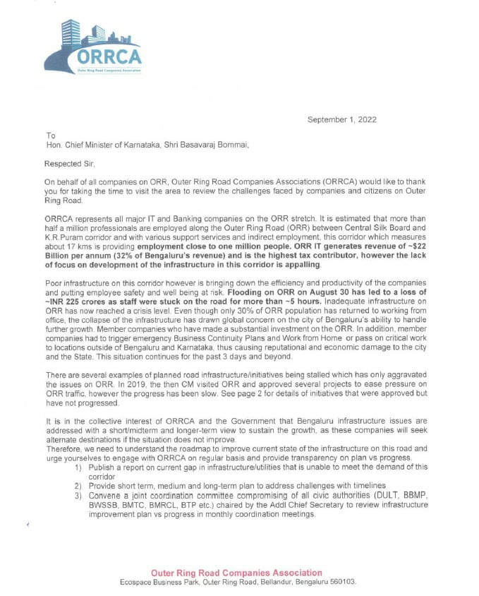 krishnabgowda's tweet photo. Outer Ring Road Companies Association representing businesses with $22 Billion revenues and 10 lakh jobs, writes to CM that “lack of focus on development is appalling…. Inadequate infrastructure has now reached crisis level… 1/4
#40PercentSarkar https://t.co/G8ZJ6UJ5oe