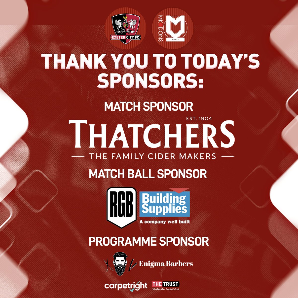 👏 Thank you to today's sponsors:

🏟 <a href="/thatchers_cider/">Thatchers</a> 
⚽️ <a href="/RGBArchie/">RGB Building Supplies</a> 
📖 Enigma Barbers

We hope you have a great day with us!

#ECFC #OneGrecianGoal