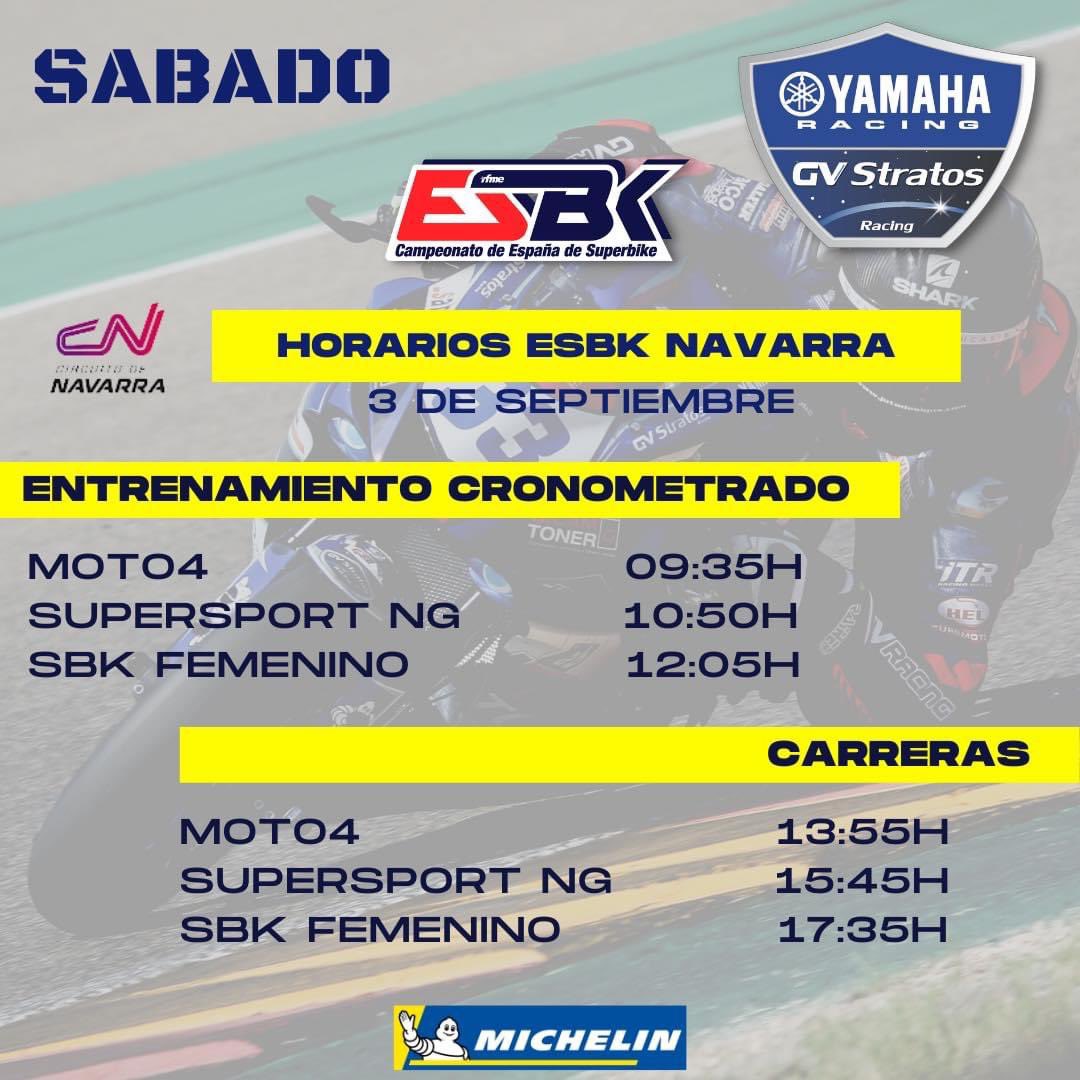 Horarios fin de semana ESBK Navarra 👇🏼 
¡No te lo pierdas! 🏁
.

#michelinpowerperformance #AndreaniMHS #Euromoto85 #Moto4 #GvRacing #SupersportNextGeneration #ESBK #Michelin #sprintfilter #YamahaRacing #GICAMTONER #TeamGVStratos #Motorsport