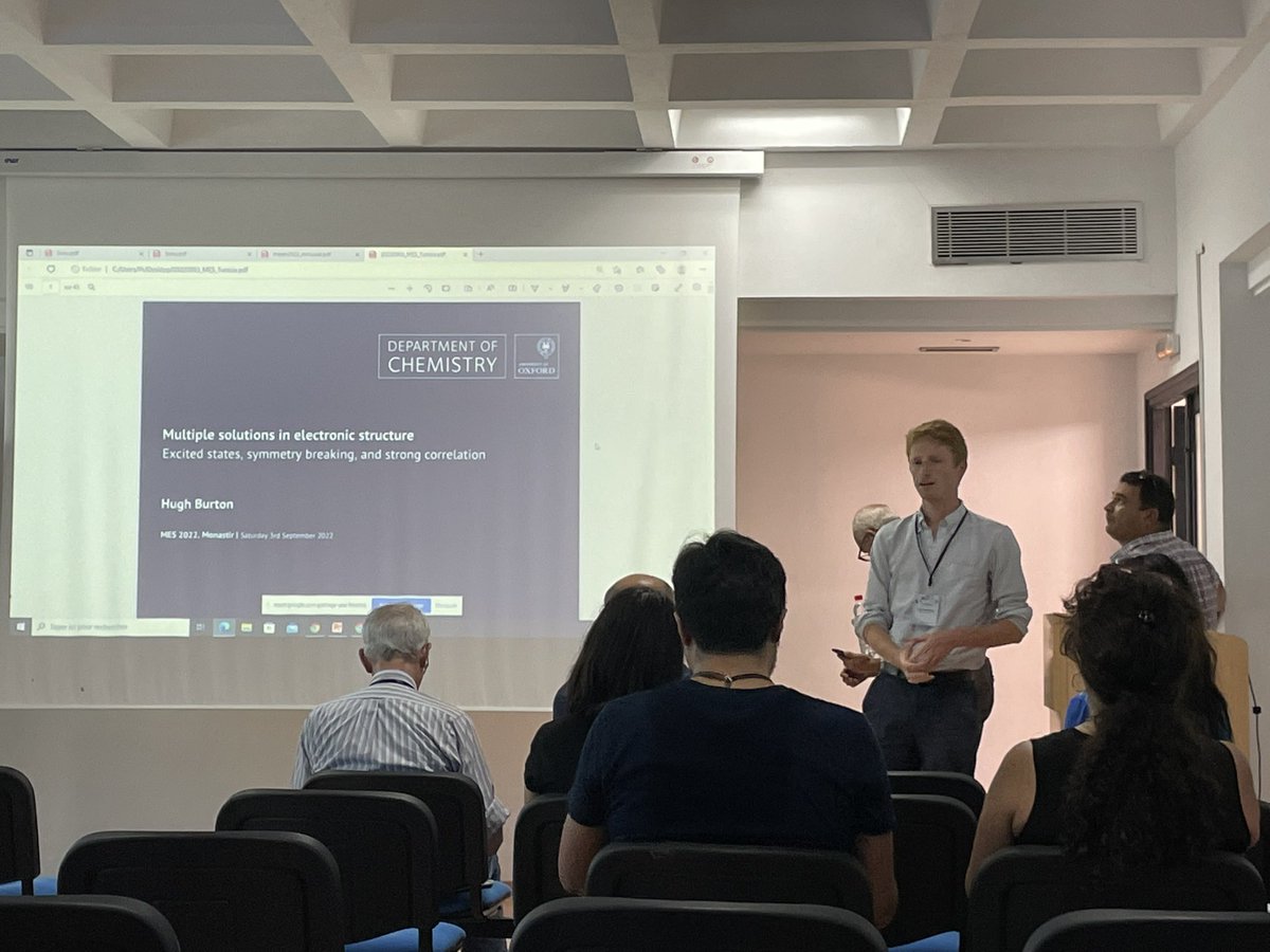 TitouLoos's tweet photo. Busy weekend at #MES2022 in Tunisia with @HughGABurton from @OxfordChemistry talking about multiple solutions in electronic structure #compchem #theochem https://t.co/aSjwU8f8tJ
