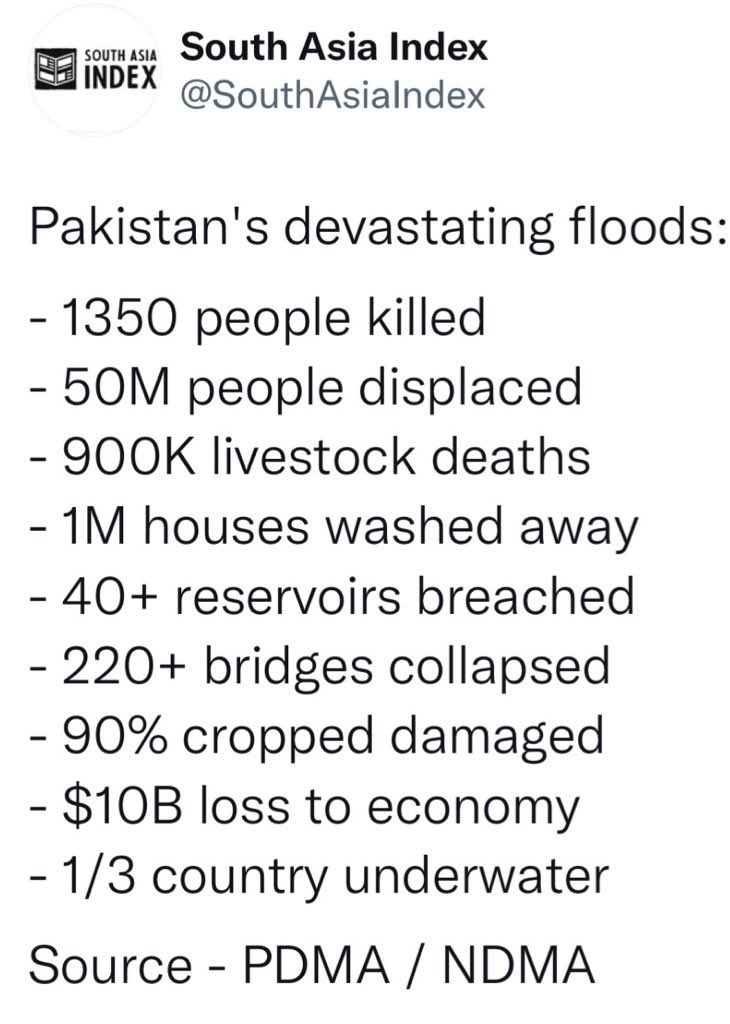 jameelajamil's tweet photo. WHAT THE HELL IS GOING ON?🚨ONE *THIRD* OF PAKISTAN IS *UNDER WATER* AND IT IS NOT ALL OVER THE MEDIA, AND THE TIMELINE? MORE WATER IS COMING. 50 MILLION PEOPLE ALREADY DISPLACED.🚨 This is only the start of the devastation. Pls drop links below for any orgs people can donate to. https://t.co/kyD1IjYvEa